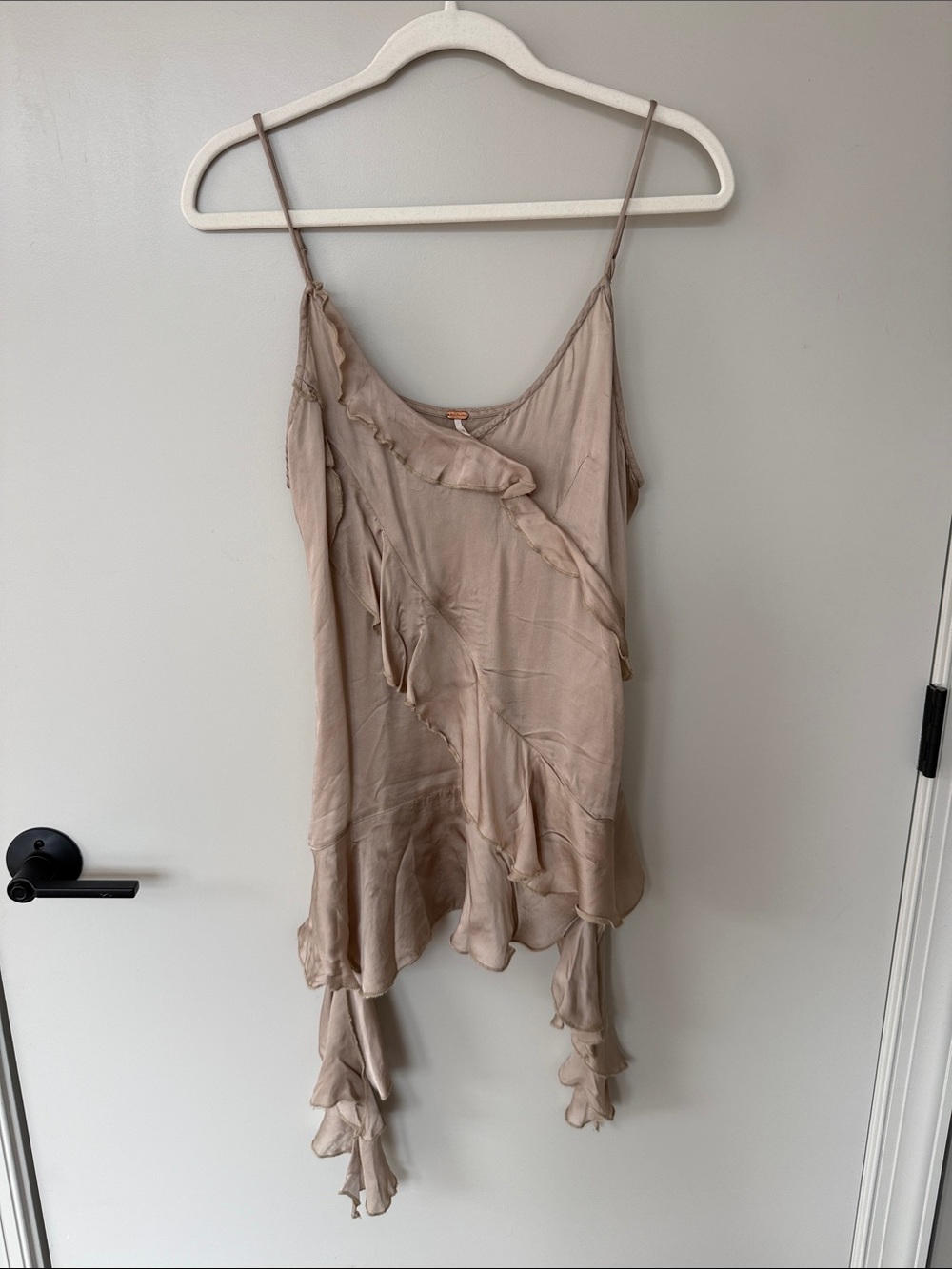Free People Asymmetrical Ruffle Slip Dress in Taupe Beige